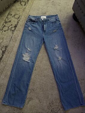 MOTHER Women's Straight Leg Jeans in Medium Blue with Distressing